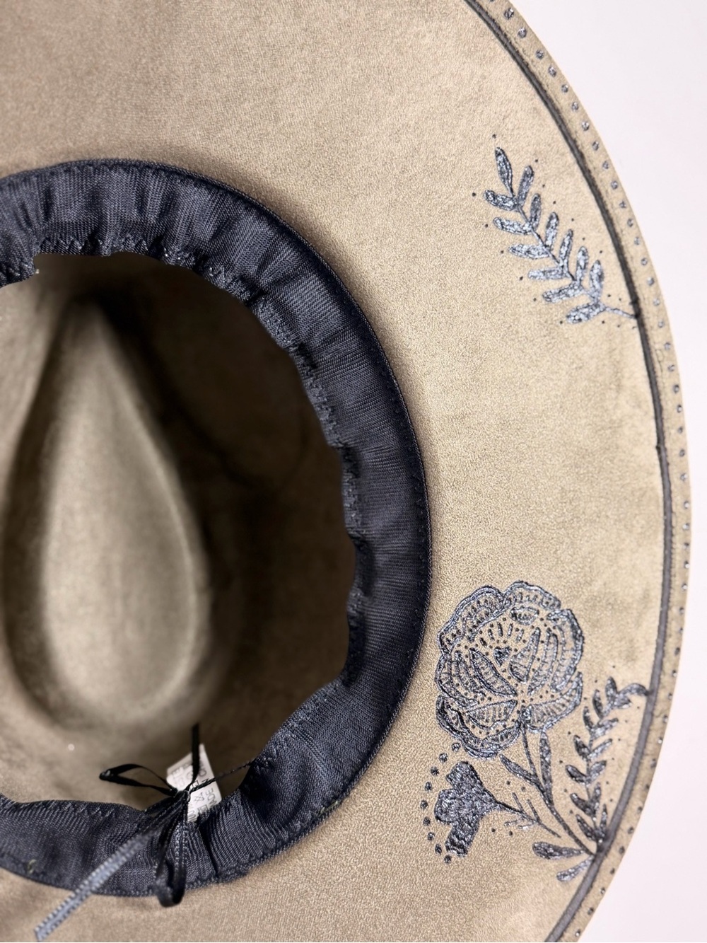 Custom Hand Burned Rancher Hat Olive Green Vegan Suede Wide Brim Floral Western